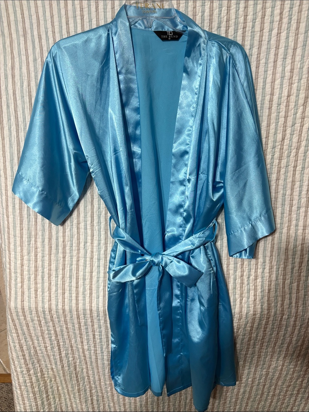 Light Blue Satin Short Robe with Self-Tie Belt